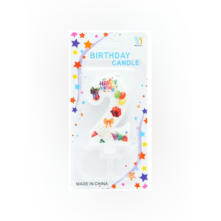 Свещ за рожден ден №2 - бяла с парти украса 6см.