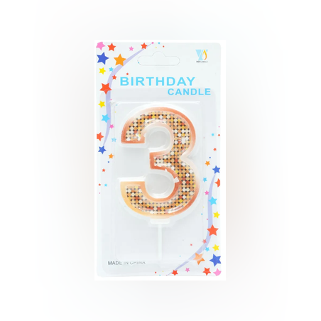Свещ за рожден ден №3 с блясък - Златен цвят 7,5см.