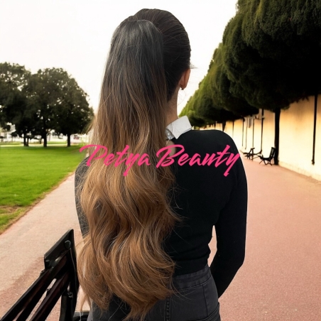 Луксозна опашка - КАФЯВО С ТЪМЕН КОРЕН ВЪЛНИ с мрежа