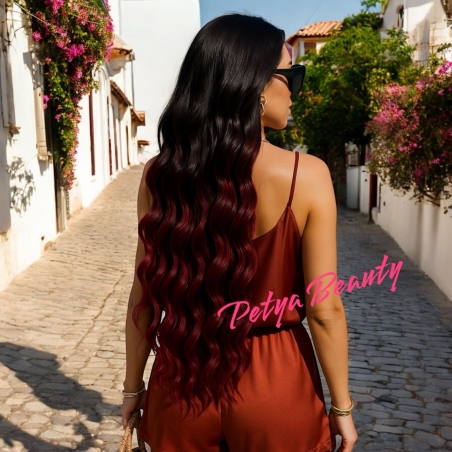 Комплект екстеншън от 7 части - Червено с черни кичури ( ВЪЛНИ)