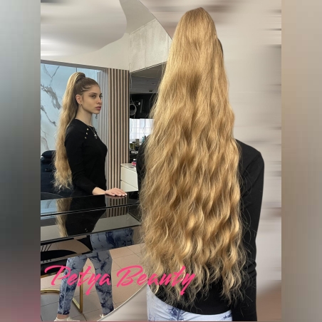 PREMIUM - Луксозна опашка - Тъмно русо ,вълни ариел с мрежа и ластик