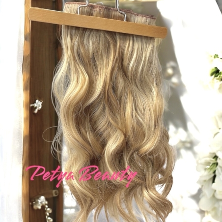 Комплект екстеншън от 4 части тъмно русо с кичури ( ВЪЛНИ)