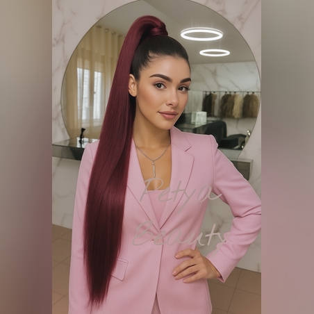 PREMIUM - Луксозна опашка - БУРГУНДИ с мрежа и ластик