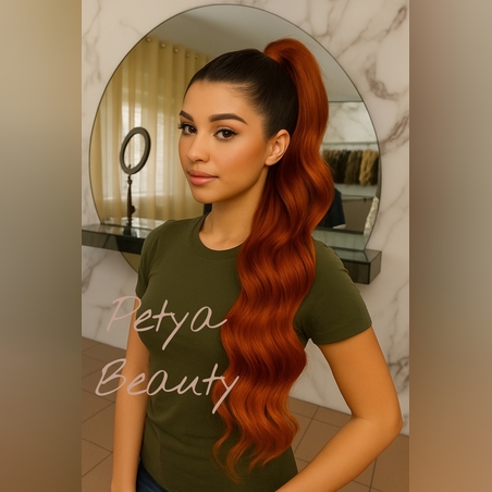 PREMIUM - Луксозна опашка - МЕДЕНО ЧЕРВЕНО с мрежа и ластик - 80см