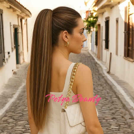 PREMIUM - Луксозна опашка - ТЪМНО КАФЯВО С КИЧУРИ с мрежа и ластик