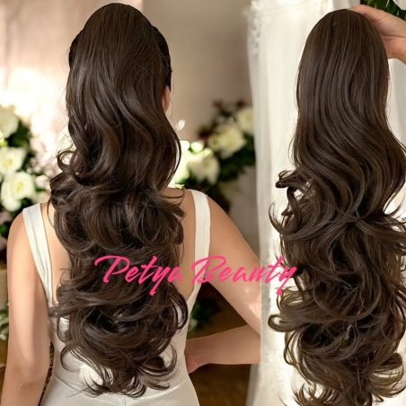 PREMIUM - Луксозна опашка - КЕСТЕНЯВО НА ВЪЛНИ с мрежа и ластик