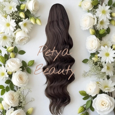 PREMIUM - Луксозна опашка -КАФЯВА НА ВЪЛНИ с мрежа и ластик - 80см