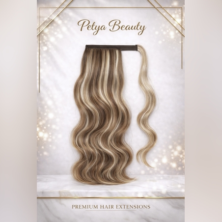 Опашка с лента/кичур (нов модел) - Светло кафяво с карамелени кичури