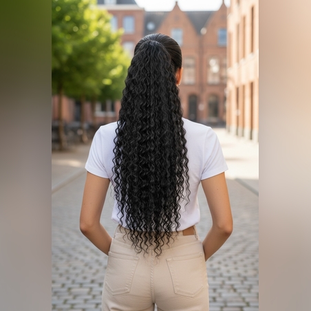 PREMIUM - Луксозна опашка - Черно/ Къдрици с мрежа и ластик