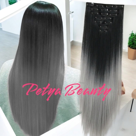 Комплект екстеншън от 7 части в цвят - ЧЕРНО/СИВО ОМБРЕ