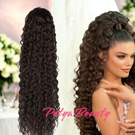 PREMIUM - Луксозна опашка - ТЪМЕН ШОКОЛАД/ Къдрици с мрежа и ластик