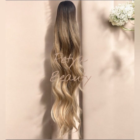 Опашка с шнола - ОМБРЕ Тъмно към натурално русо (на вълни)