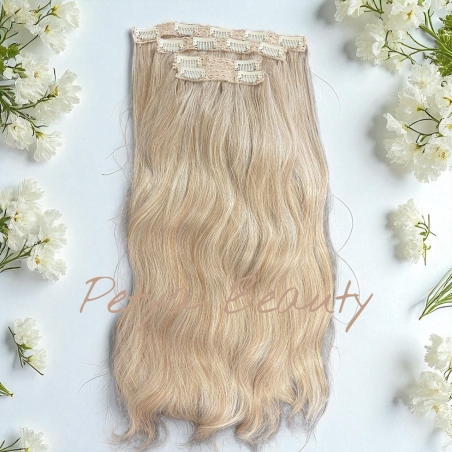 Комплект екстеншън от 4 части бежово русо с бели кичури ( ВЪЛНИ)