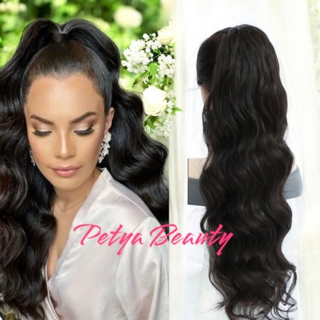 PREMIUM - Луксозна опашка - ТЪМЕН ШОКОЛАД НА ВЪЛНИ с мрежа и ластик