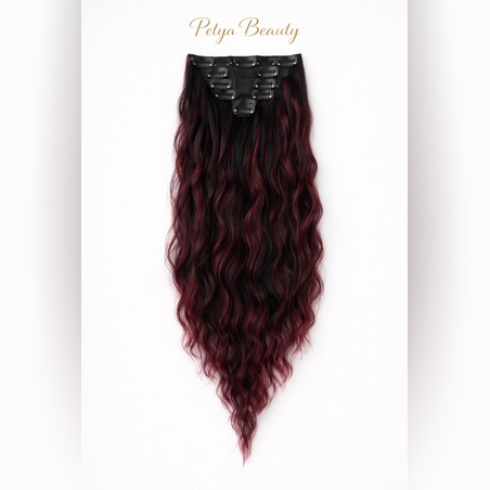 Комплект екстеншън от 7 части - Червено с черни кичури ( ВЪЛНИ)