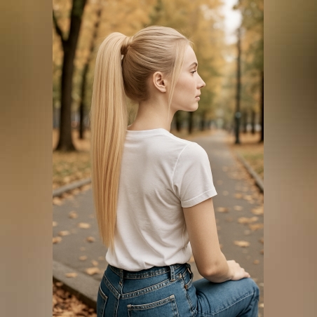 PREMIUM - Луксозна опашка - НАТУРАЛНО РУСО 55см с мрежа и ластик