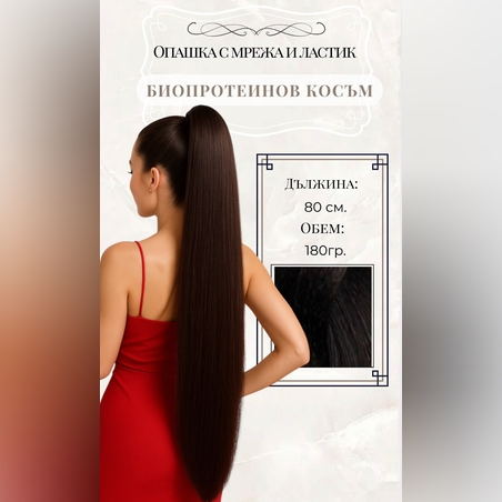 PREMIUM - Луксозна опашка - ТЪМЕН ШОКОЛАД с мрежа и ластик