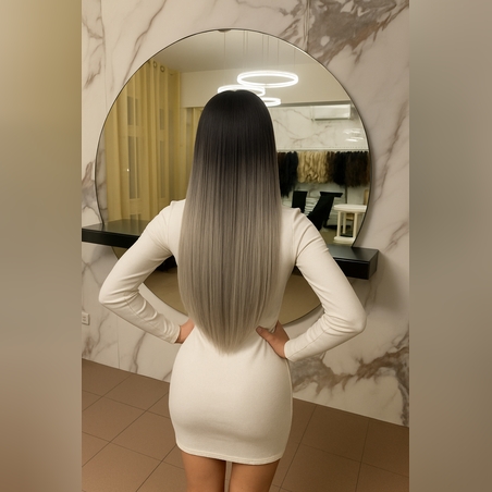 Комплект екстеншън от 7 части в цвят - ОМБРЕ Сиво с тъмен корен