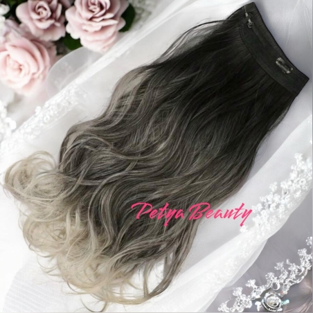 /ПРЕМИУМ/ HALO екстеншън от 1 част в цвят - ОМБРЕ ЧЕРНО/СИВО ВЪЛНИ