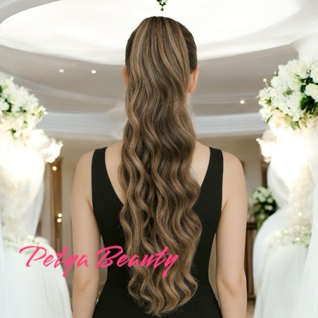 PREMIUM - Луксозна опашка - КАФЯВО С КИЧУРИ НА ВЪЛНИ с мрежа и ластик