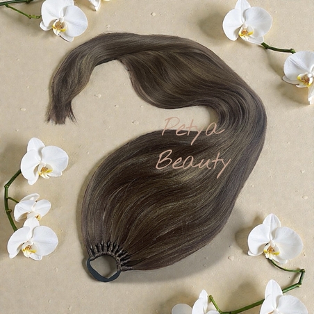 Опашка с ластик - Топло кафяво с фини кичури 85см (РЪЧНА изработка)