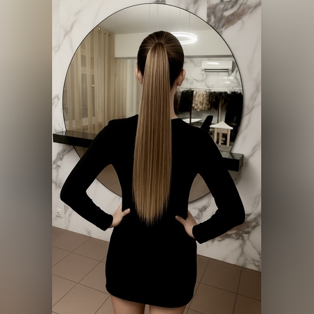 PREMIUM - Луксозна опашка - СВЕТЛО КАФЯВО С КИЧУРИ 60см с мрежа и ластик