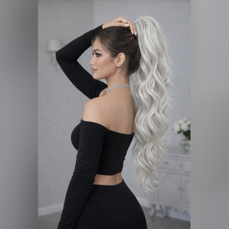 PREMIUM - Луксозна опашка - БЯЛО/СИВО ПЕПЕЛНО РУСО (НА ВЪЛНИ) с мрежа и ластик