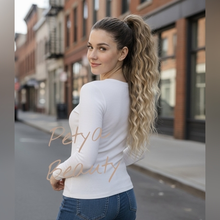 PREMIUM - Луксозна опашка - ШАТУШ РУСО С ТЪМЕН КОРЕН (ВЪЛНИ) с мрежа и ластик