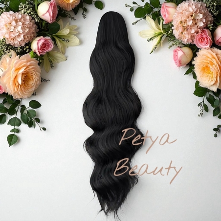 PREMIUM - Луксозна опашка - ЧЕРНА НА ВЪЛНИ с мрежа и ластик - 80см