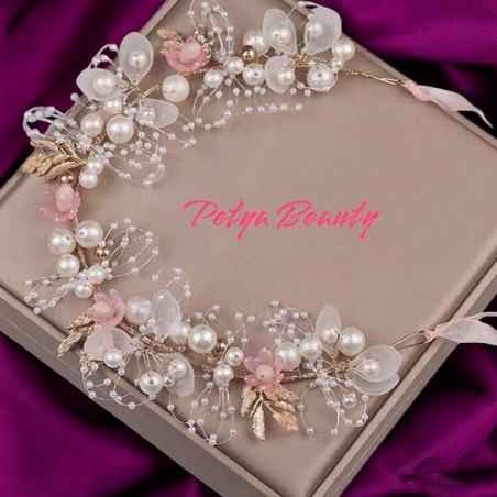 Булченски аксесоар за коса - Розови цветя с перли