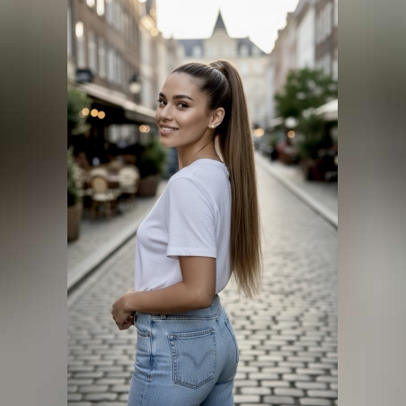 PREMIUM - Луксозна опашка - СВЕТЛО КАФЯВО 55см с мрежа и ластик