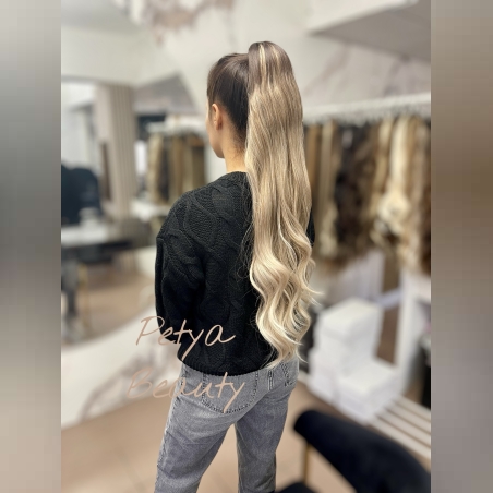 PREMIUM - Луксозна опашка - ОМБРЕ НА ВЪЛНИ с мрежа и ластик - 80см