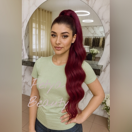 PREMIUM - Луксозна опашка - Бургунди НА ВЪЛНИ с мрежа и ластик