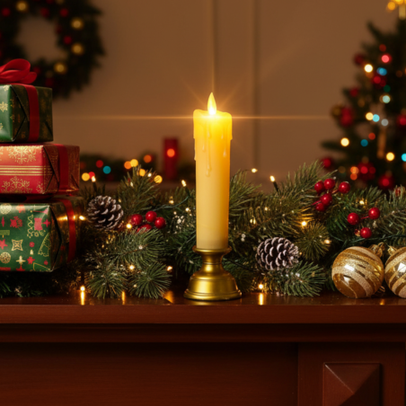 LED свещ със златиста основа и реалистичен пламък
