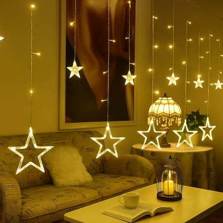 LED завеса с коледни звезди, 107 светодиода – топла бяла, студена бяла или многоцветна светлина