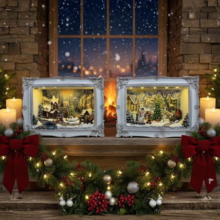 Светеща Коледна декорация на зимен пейзаж с ретро дизайн на рамка