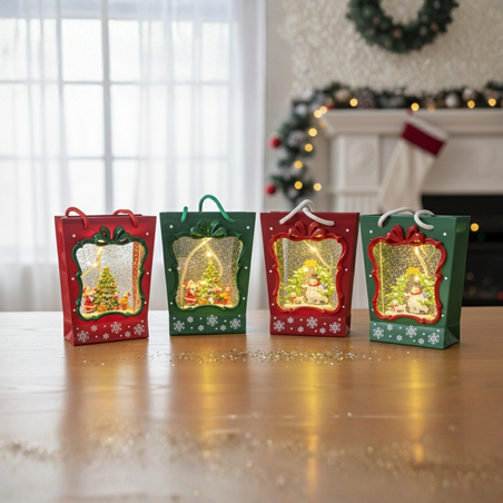 Празнична Коледна декорация във вид на подаръчна чанта със светлини и снежен ефект