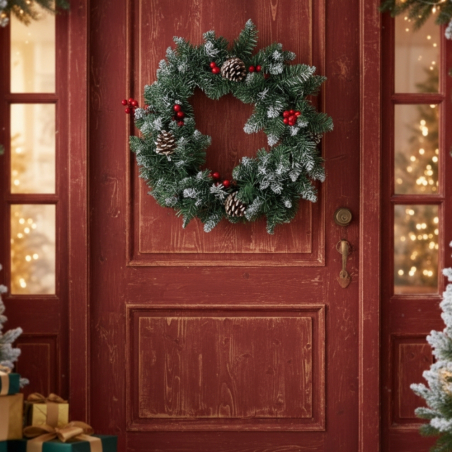 Коледен венец с шишарки и червени плодчета