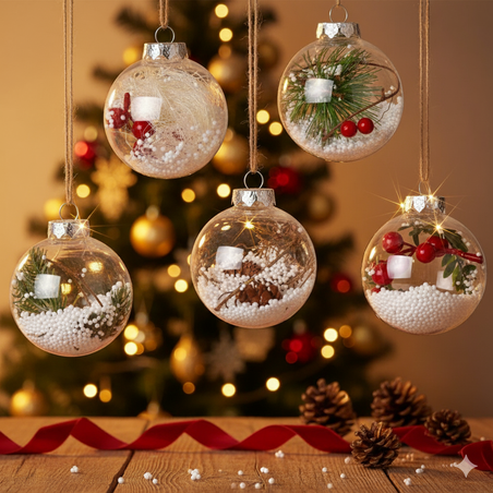 Комплект от 6 прозрачни топки за елха пълни с коледна декорация