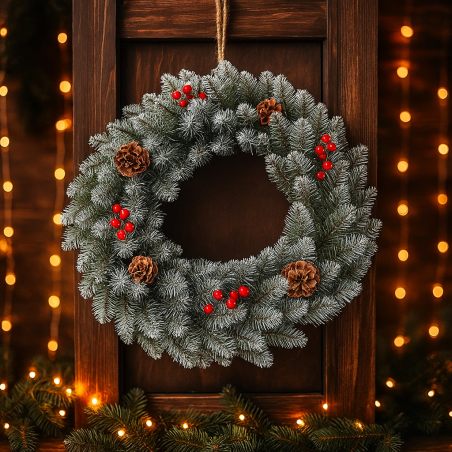 Голям коледен венец декориран с изкуствени елхови шишарки 50см