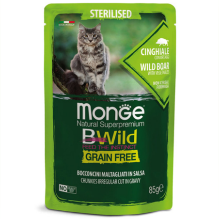 Monge BWILD Grain Free Sterilised с глиганско и зеленчуци – пауч с хапки в сос, без зърнени храни – за кастрирани котки в зряла възраст, 85гр
