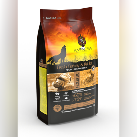 Ambrosia• All breeds adult •Ultra premium за кучета от всички породи над 12 месечна възраст със Свежа Пуйка и заек 12 кг.