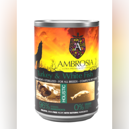 Ambrosia здравословна храна за кастрирани, възрастни и с наднормено тегло кучета от всички породи с Пуйка и Бяла Риба 400гр.
