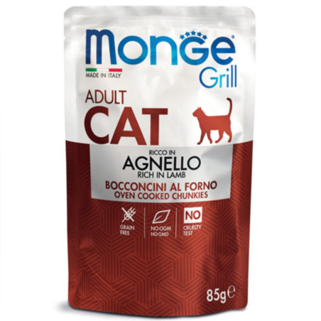 Monge Grill Adult с агнешко – пауч с хапки в желе – за котки в зряла възраст, 85гр