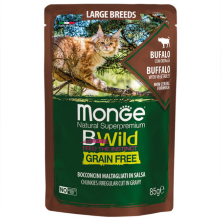 Monge BWILD Grain Free Large Breeds с биволско и зеленчуци – пауч с хапки в сос, без зърнени храни – за котенца и котки в зряла възраст от едрите породи, 85гр