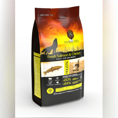 Ambrosia • Mini adult • Ultra premium за кучета от малки породи над 12 месечна възраст с Прясна сьомга и пиле