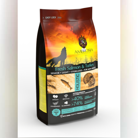 •Ambrosia• Mini adult •Ultra premium• sterilized senior light от малки породи за кастрирани,възрастни и с наднормено тегло с Прясна сьомга и пуйка