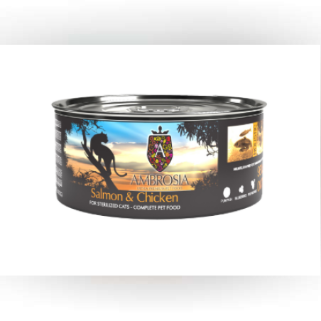 Ambrosia здравословна храна за за кастрирани , възрастни и котки с наднормено тегло със Сьомга и Пиле 150гр.