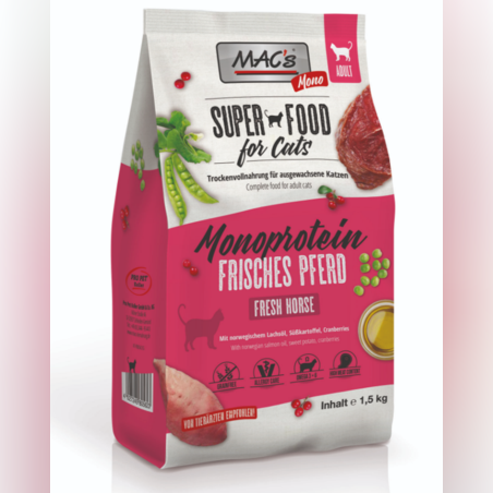 Mac's Monoprotein Adult суха храна с конско, сладък картоф и червени боровинки за капризни и чувствителни котки, 1.5kg