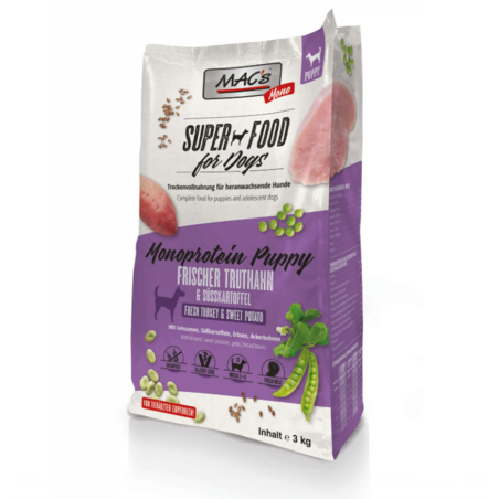 Mac's Monoprotein Puppy суха храна с пуешко, ленено семе и ананас за капризни и податливи на алергии подрастващи кучета, 3kg